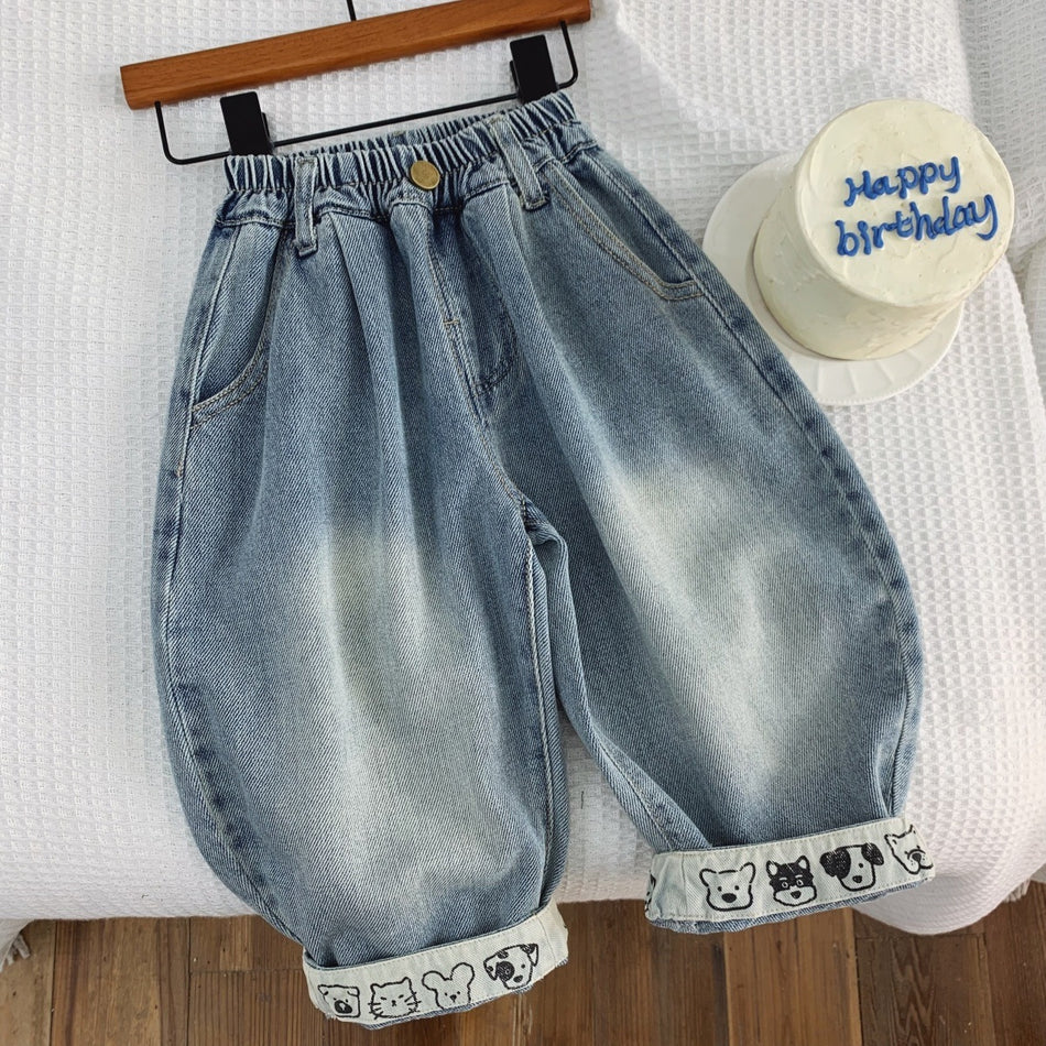 Kids Soft Denim Pants Loose Fit Korean Style Casual Trousers