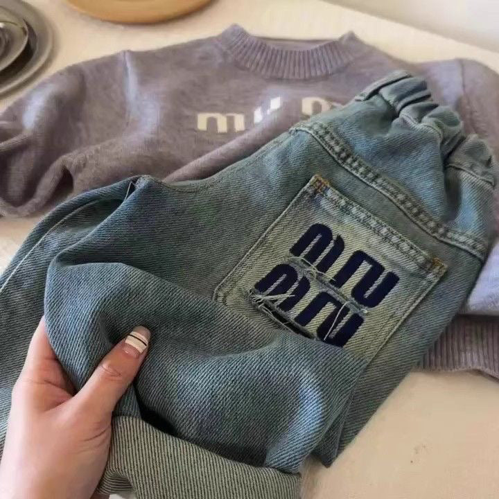 Kids Letter Print Straight Leg Jeans Korean Style Denim Pants