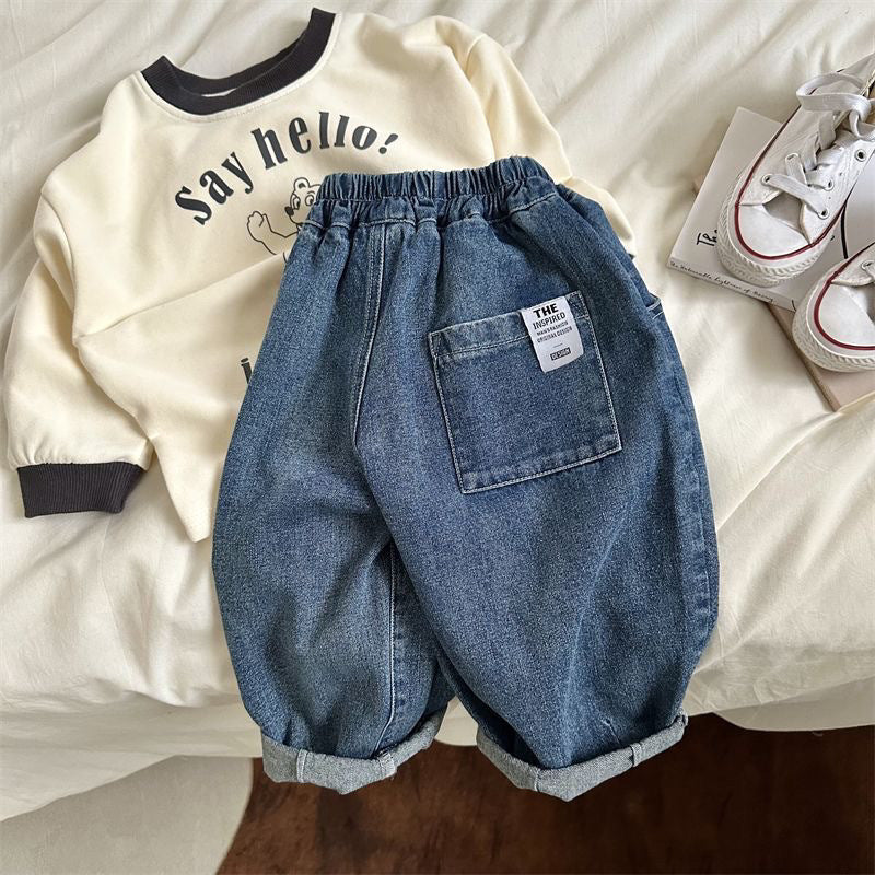 Kids Wide Leg Denim Pants Loose Fit Cotton Harem Jeans
