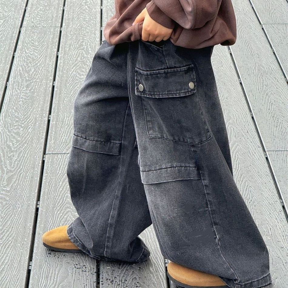Kids Black Denim Cargo Pants Loose Fit Korean Style Trousers