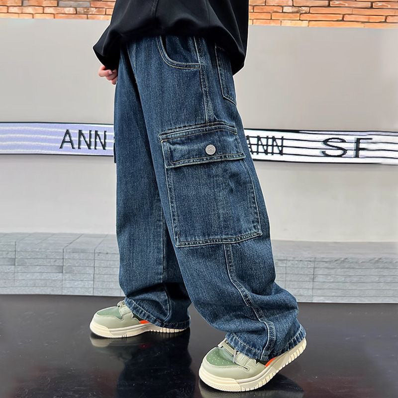 Kids Denim Cargo Pants Loose Fit Casual Jeans for Older Children
