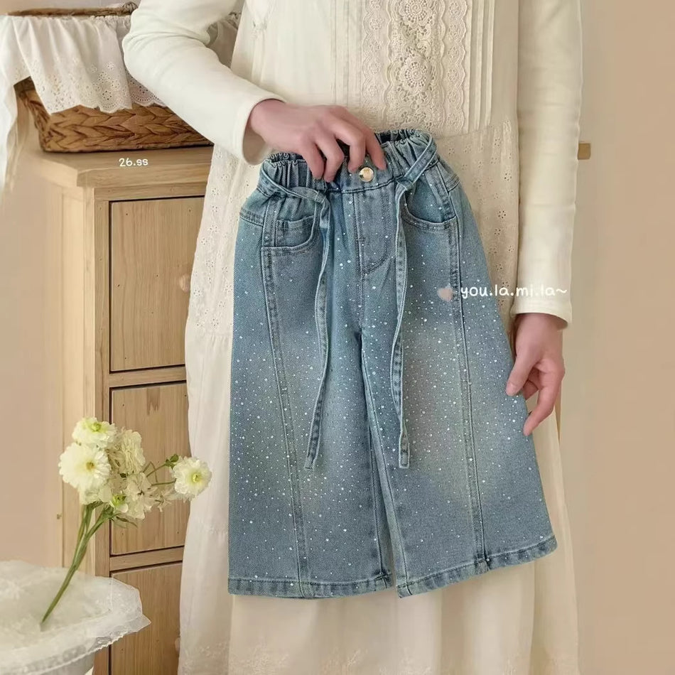 Girls Rhinestone Wide Leg Jeans Korean Style Straight Denim Pants