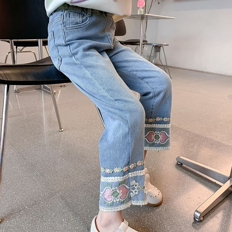 Girls Lace Hem Straight Leg Jeans Elegant Cotton Denim Pants