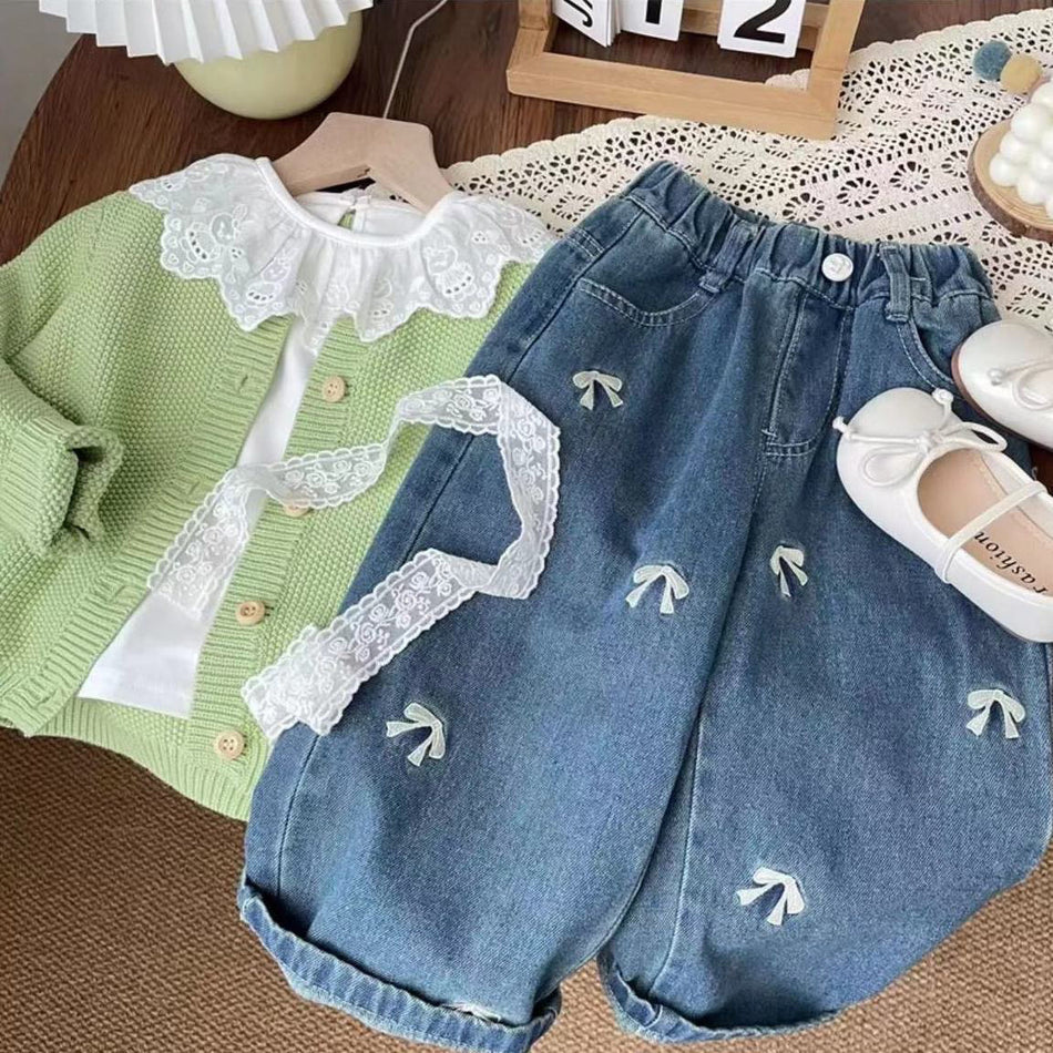 Girls Wide Leg Denim Pants Korean Style Straight Jeans