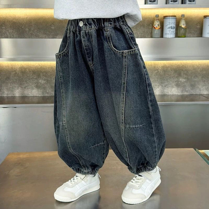 Kids Cargo Denim Pants Loose Fit Korean Style Casual Jeans