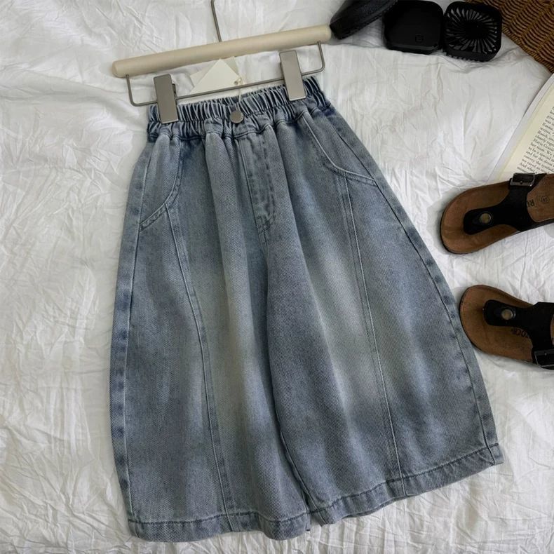 Kids Elastic Waist Cropped Denim Pants Korean Style Casual Jeans