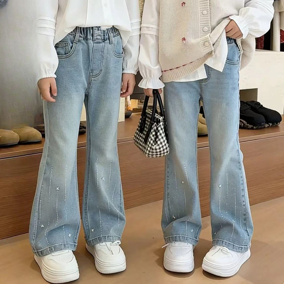 Girls Rhinestone Flared Jeans Korean Style Slim Fit Denim Pants