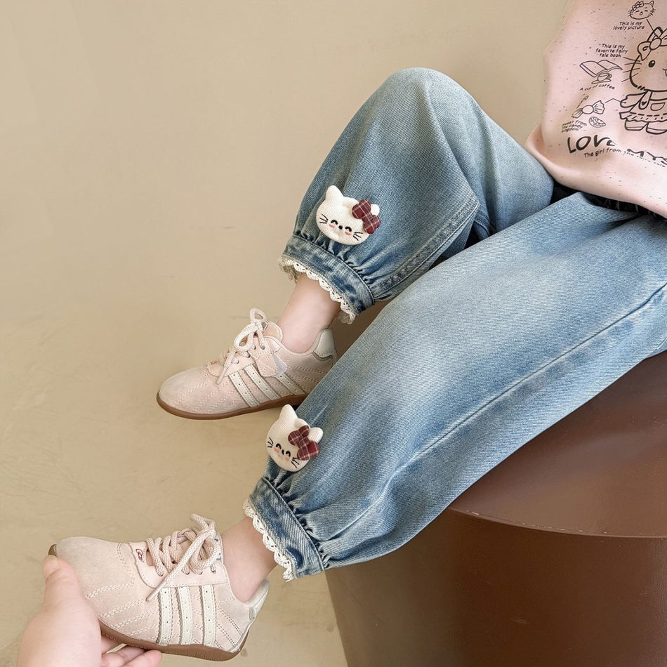 Girls Cartoon Denim Jogger Pants Korean Style Casual Jeans