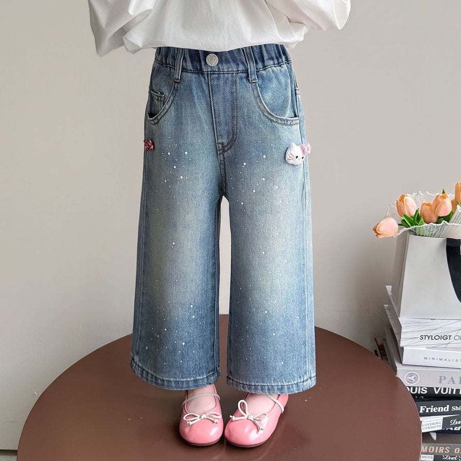 Girls Rhinestone Wide Leg Jeans Korean Style Casual Denim Pants