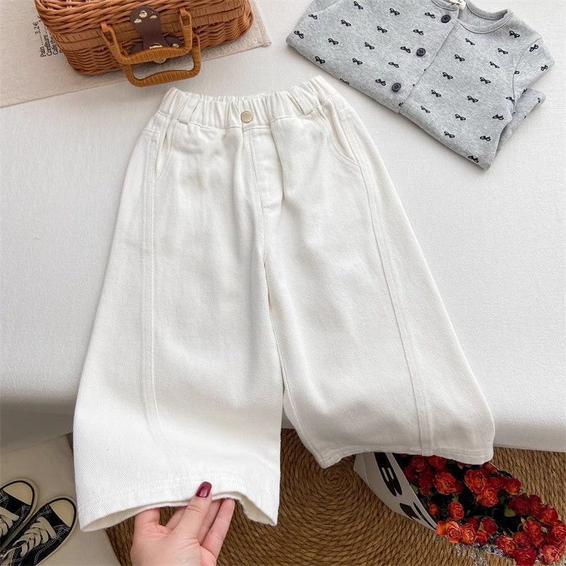 Kids White Wide Leg Jeans Korean Style Casual Cotton Pants