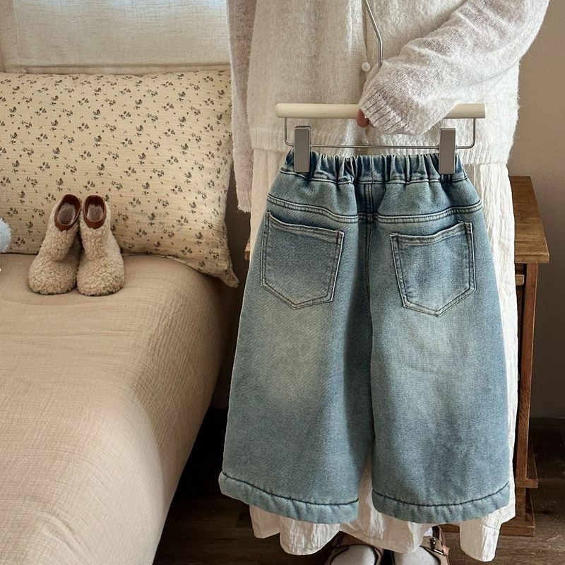 Kids Fleece-Lined Wide Leg Jeans Winter Thickened Denim Pants