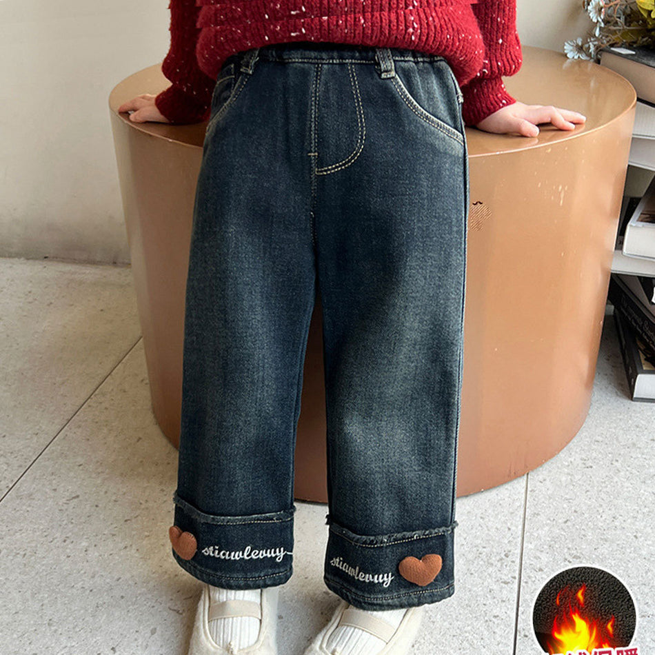 Girls Fleece-Lined Wide Leg Jeans Thickened Winter Denim Pants