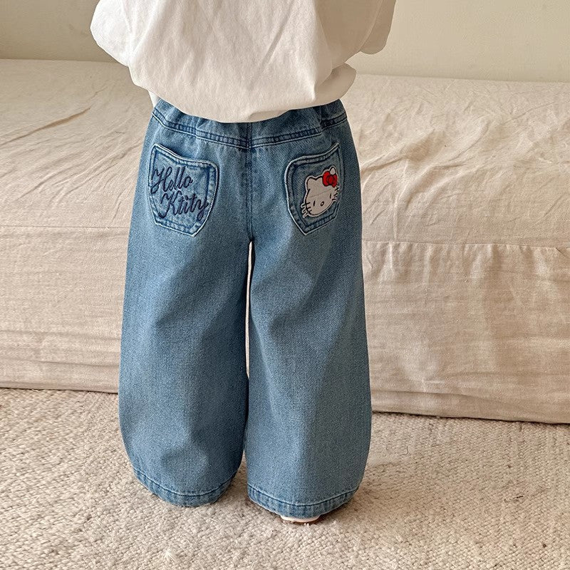 Kids Cartoon Cat Jeans Soft Casual Korean Style Pants