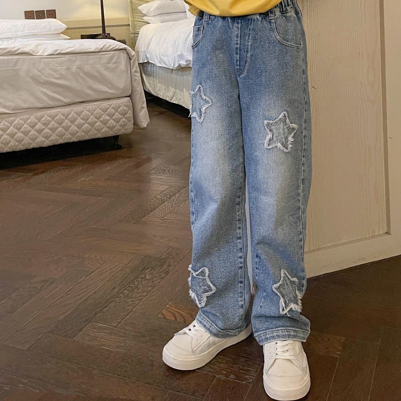 Kids Star Print Loose Straight Jeans Korean Style Casual Pants