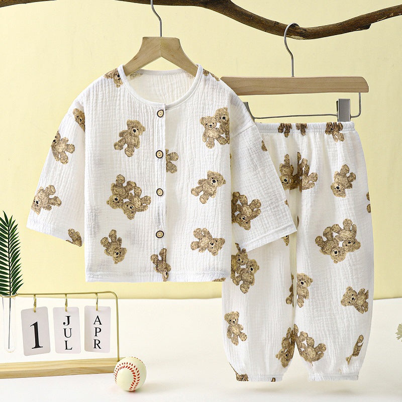 Kids Double Layer Cotton Gauze Pajama Set Soft Homewear Suit