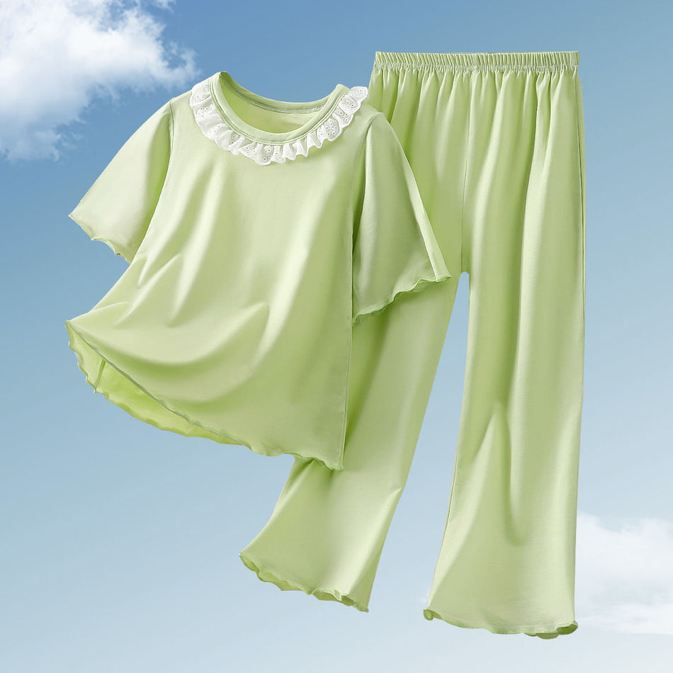 Girls Tencel Lace Collar Pajama Set Summer Soft Homewear Two Piece Set