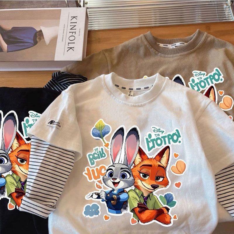 Kids Animal Patchwork Faux Two Piece Striped Cotton T Shirt