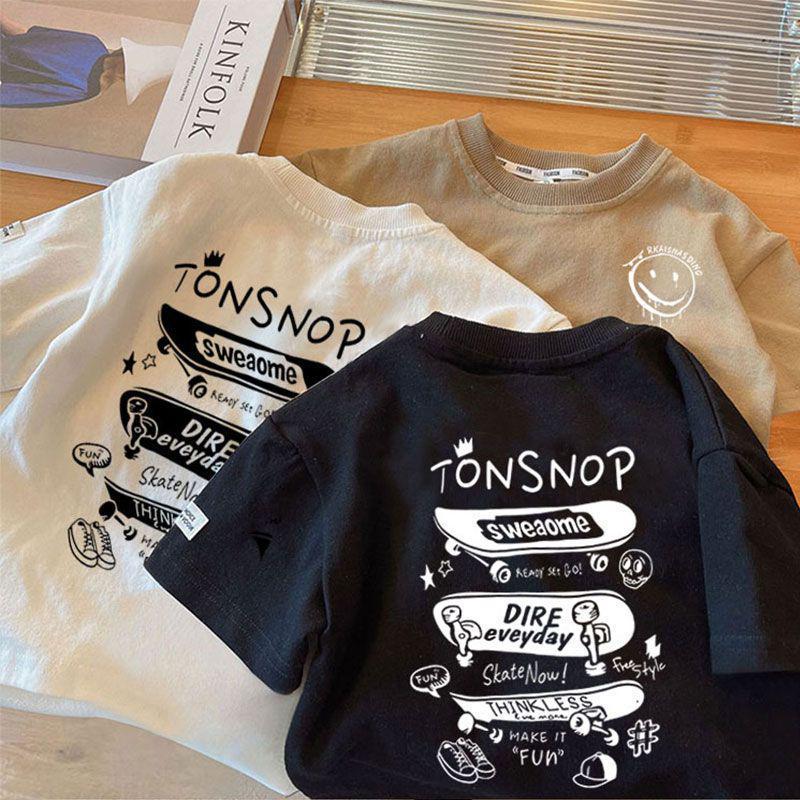 Kids Cotton Loose Fit Letter Print Short Sleeve T Shirt