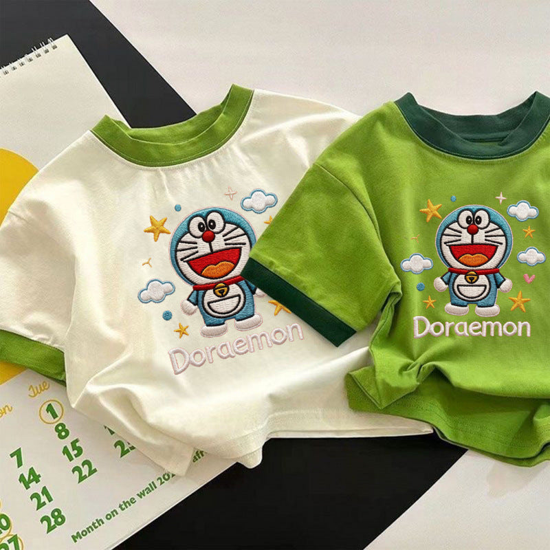 Kids Cotton Color Block Cartoon Short Sleeve Summer T Shirt