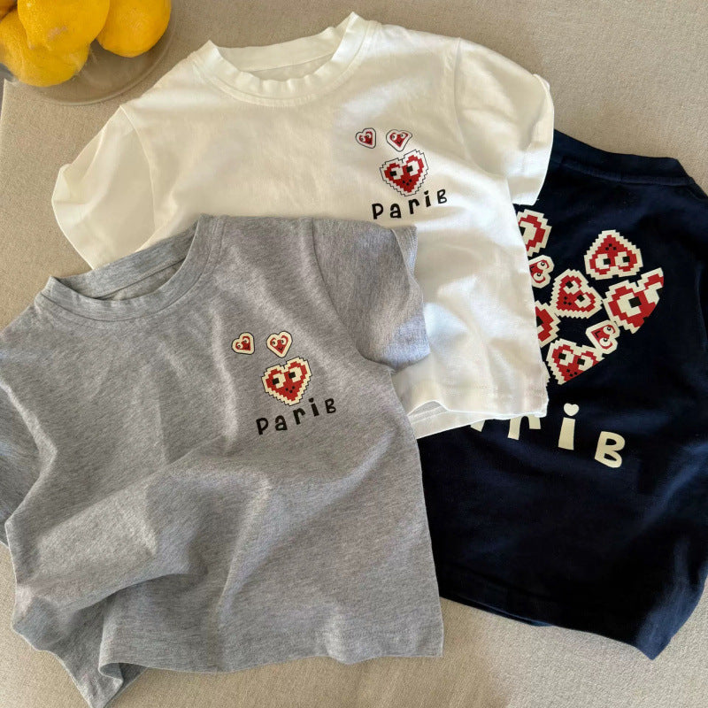 Kids Cotton Heart Print Short Sleeve Round Neck T Shirt