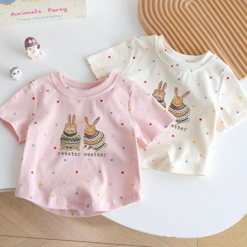 Kids Cotton Rabbit Print Polka Dot Short Sleeve Summer T Shirt