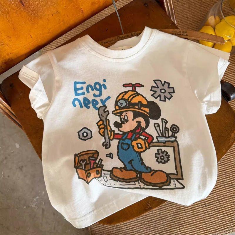 Kids Cotton Cartoon Engineer Print Short Sleeve T Shirt