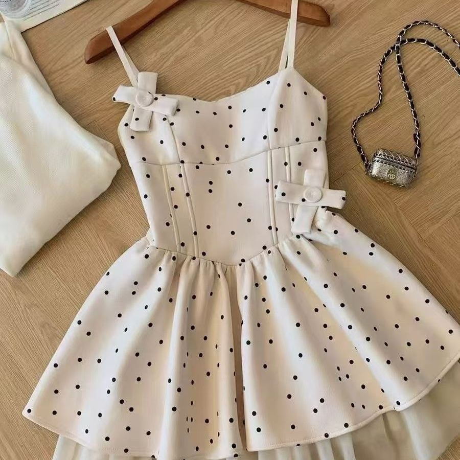 Girls Polka Dot Bow Strap Dress Sweet Princess Summer Dress