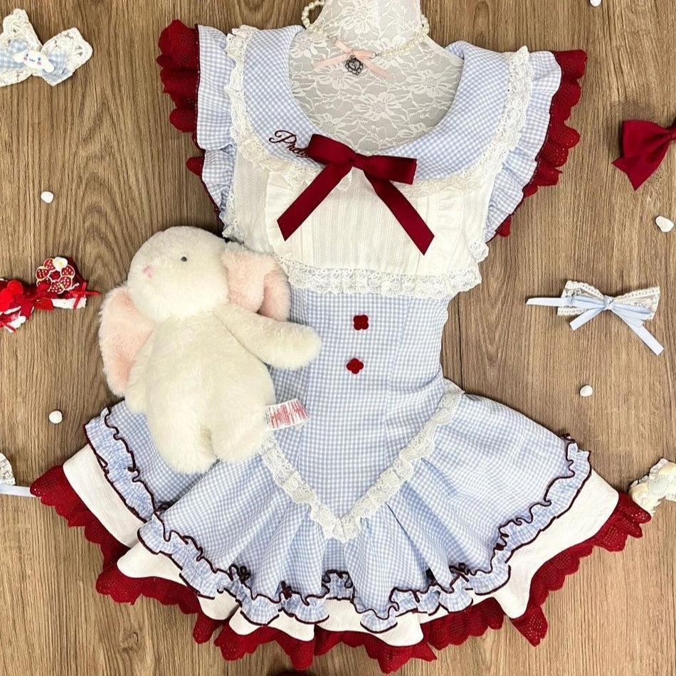 Girls Plaid Lace Collar Princess Dress Korean Style A-Line