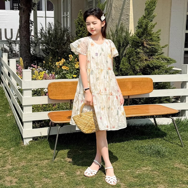 Girls Floral Flutter Sleeve Princess Dress Sweet Summer Dress