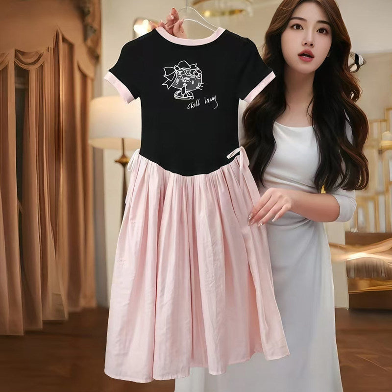 Girls Cartoon Print Color Block Dress Stylish Summer Dress
