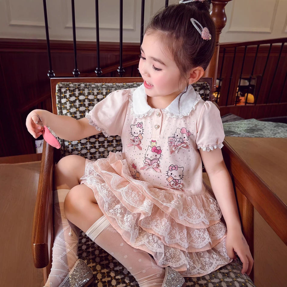 Girls Lace Patchwork Lapel Dress Set Korean Style Summer Outfit