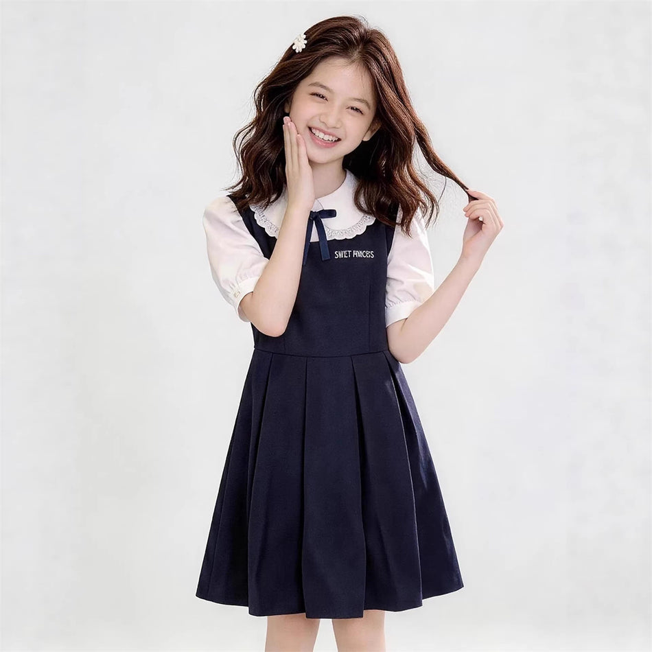 Girls Navy Bow Lace Doll Collar Princess Dress Summer Outfit