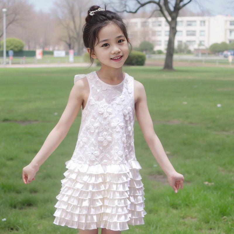 Girls White Layered Bow Vest Princess Dress Summer Outfit