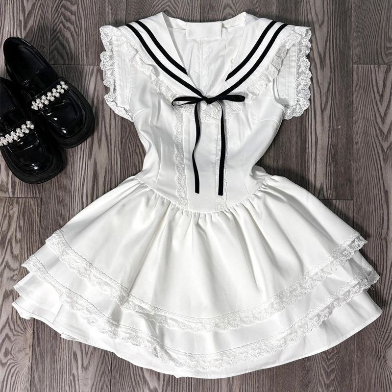 Girls Navy Collar White Princess Dress Korean Style Summer Outfit