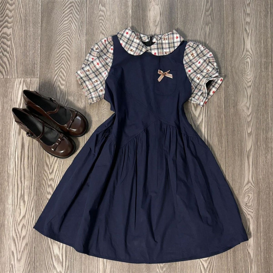 Girls Korean Style Plaid Loose Two-Piece Summer Dress