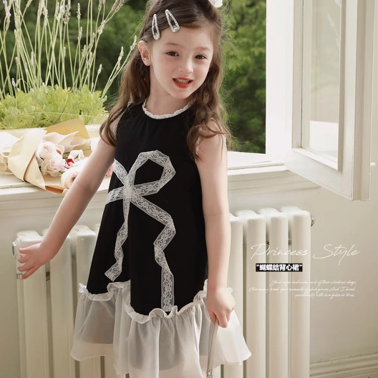 Girls Sleeveless Mesh Bow Vest Dress Korean Style A-Line Dress