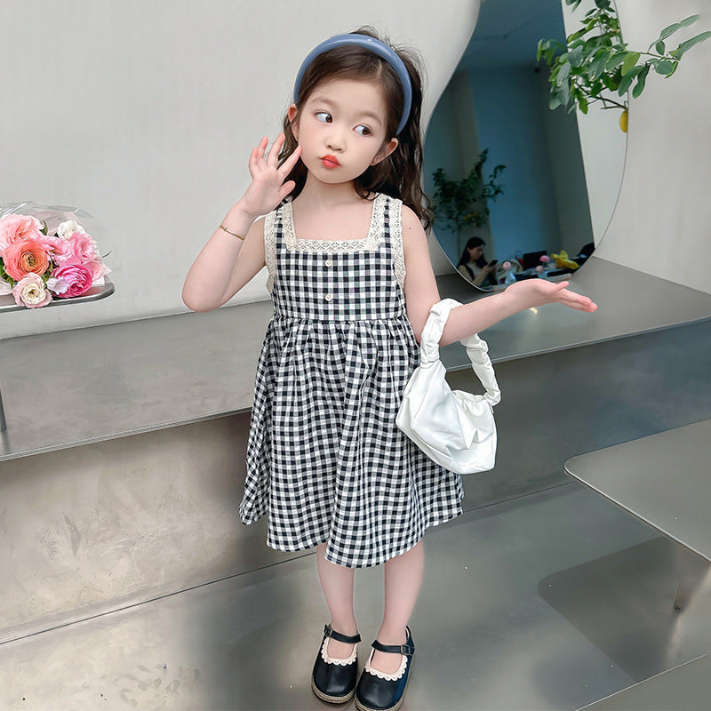 Girls Lace Square Neck Plaid Camisole Dress Summer A-Line Dress