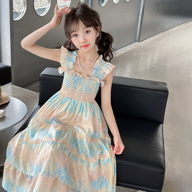 Girls Square Neck Flutter Sleeve Princess Beach Dress Summer