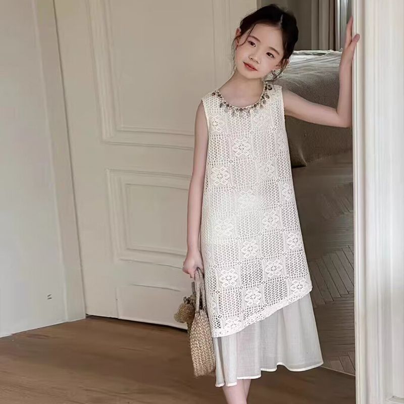 Girls Lace Spliced Tank Dress Korean Style Bohemian Summer Dress