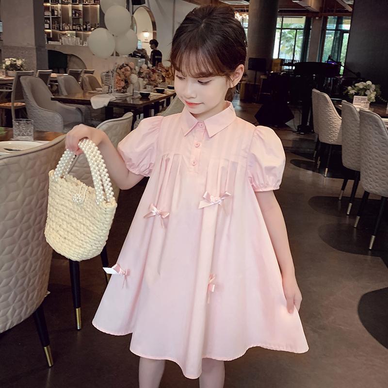 Girls Bow Puff Sleeve A-Line Dress Korean Style Summer Dress