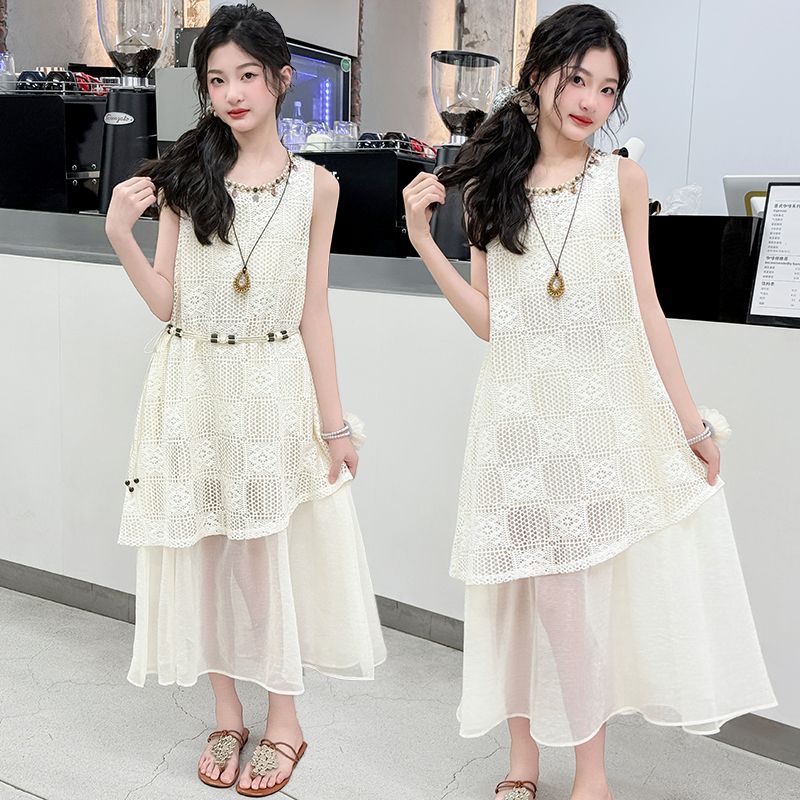 Girls Hollow Faux Two-Piece Vest Dress Korean Style A-Line Skirt