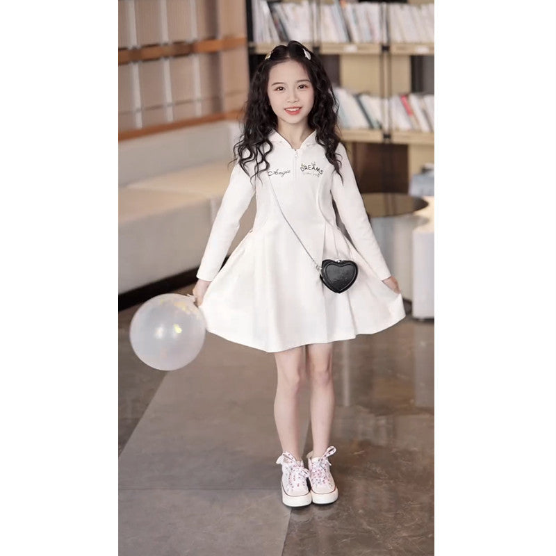 Girls Letter Print Slim Fit A-Line Dress Korean Style Long Sleeve