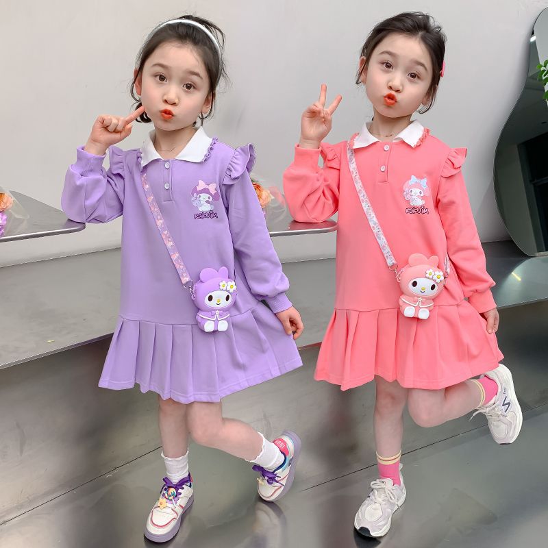Girls Polo Collar Cartoon A-Line Dress Korean Style Long Sleeve