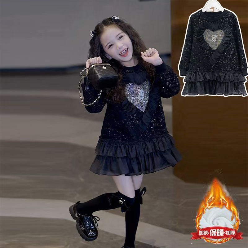 Girls Hot Drilling Stitching A-Line Dress Korean Style Long Sleeve