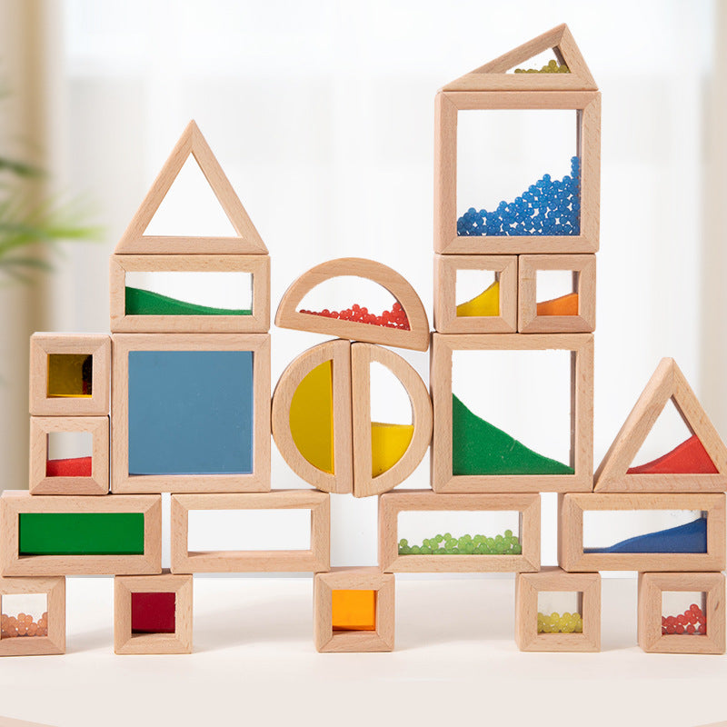 Montessori Rainbow Acrylic Wooden Shape Building Blocks Set