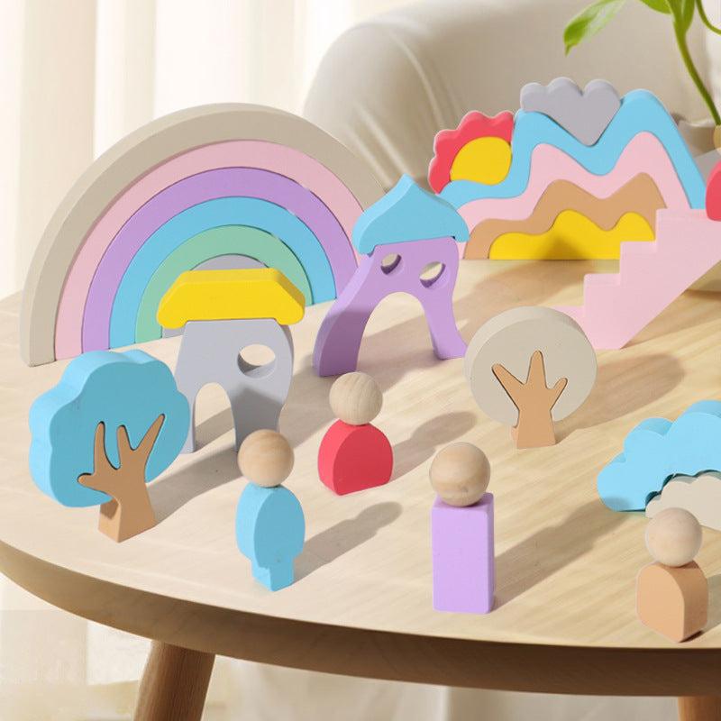 Wooden Rainbow Fairy Tale Town Building Blocks Educational Toy Set