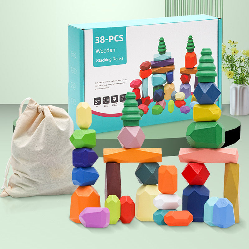 Nordic Style Wooden Color Stone Stacking Blocks Educational Toy