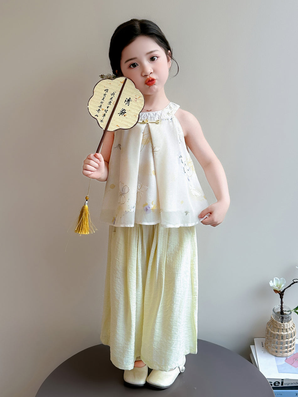 Girls Chinese Style Halter Top and Wide Leg Pants Set
