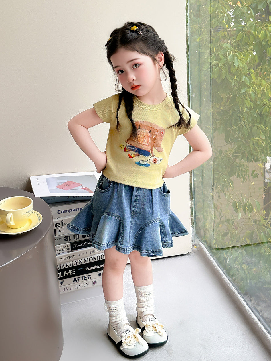 Girls Korean Style Denim Skirt Two Piece Summer Outfit Set