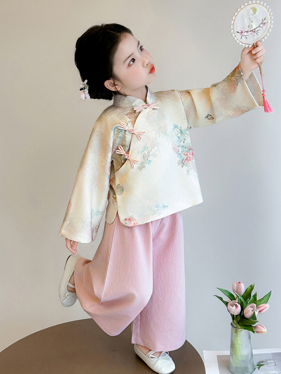 Girls Floral Cheongsam Style Two Piece Spring Outfit Set